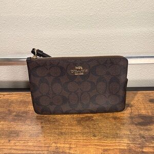Coach Dark Brown Signature Zip Wristlet with Gold Logo